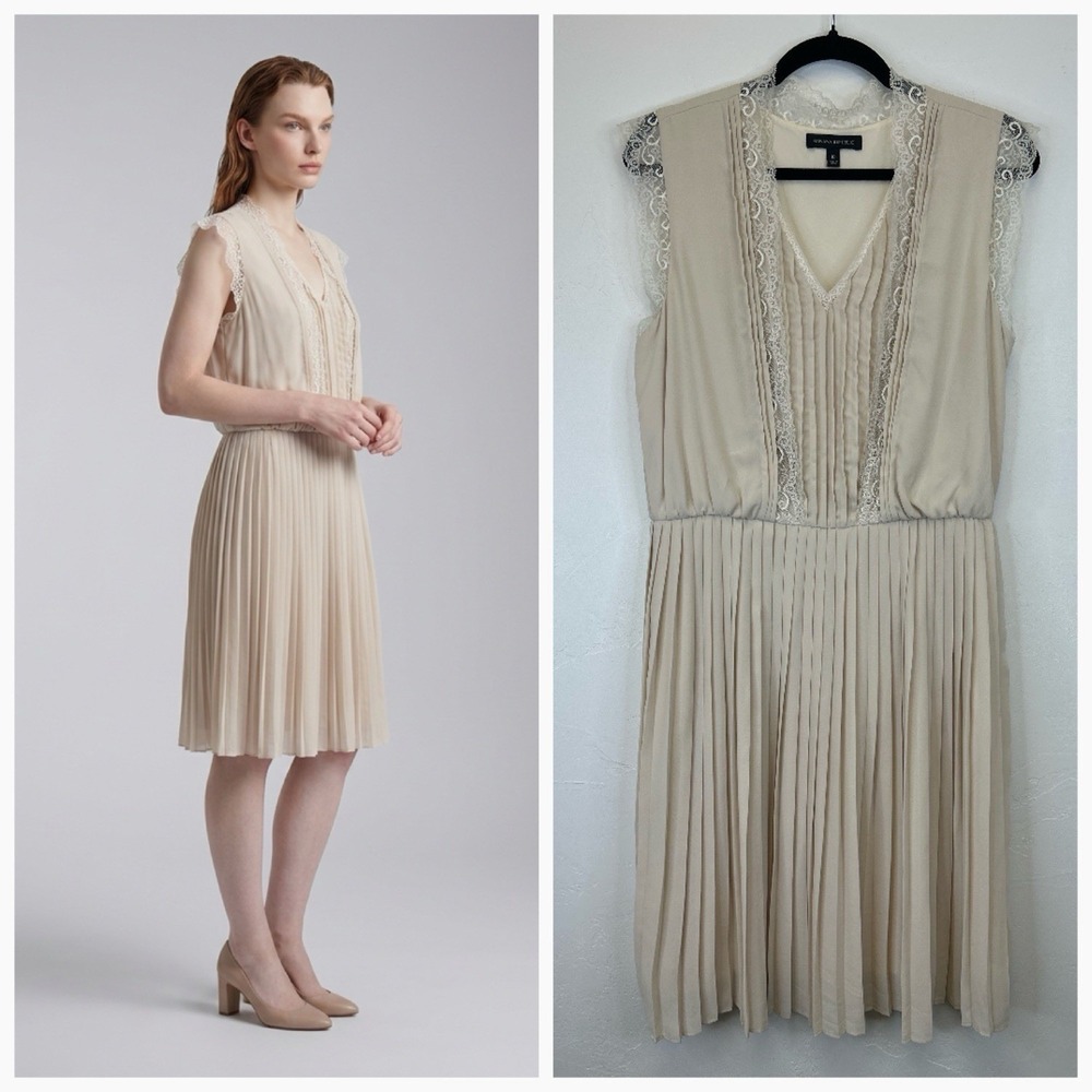 Pleated Cottagecore Lace Trim Midi Dress Size 10 Neutral Minimalist Feminine 90s